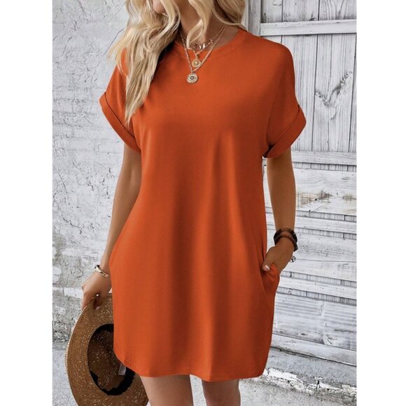 Batwing Sleeve Hidden Pocket Tee Mini Dress Burnt Orange - Picture 1 of 5